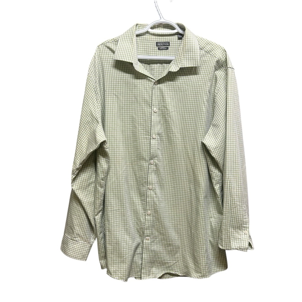 Kenneth Cole Reaction Slim Fit Dress Shirt Green Gray Check Size 18 34/35